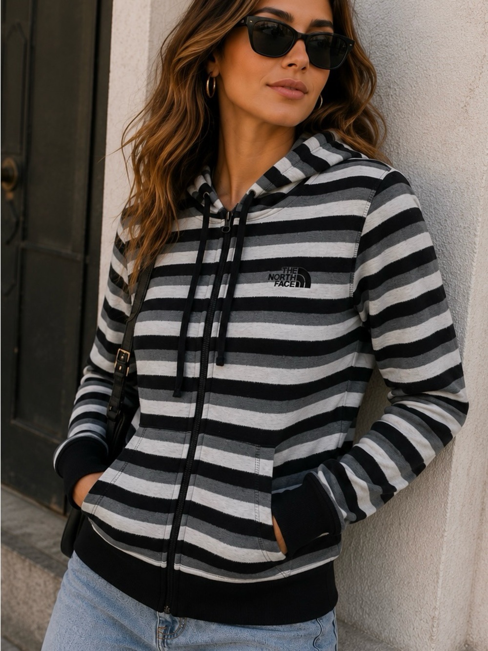The North Face Glacier Full Zip Striped Fleece Jacket Women’s XS Gray Black
